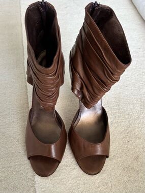 Manolo Blahnik Brown ankle cuff D’Orsay Ruched Open-Toe Ankle Boots